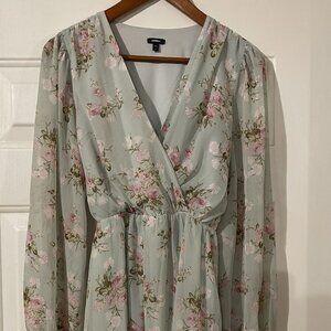 Express Blue Floral Faux Wrap Dress – Romantic Cottagecore M